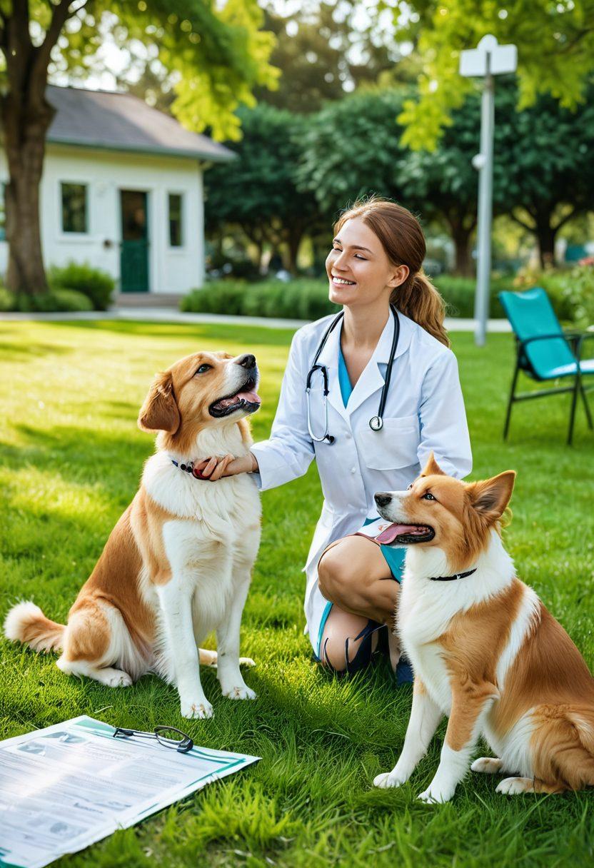 A warm and inviting scene featuring a happy dog and cat playing together in a lush green park, surrounded by a family with a concerned look while holding veterinary insurance papers. The background should include a veterinary clinic with a friendly staff member waving. Add elements of health like a stethoscope and a first-aid kit nearby. Incorporate a bright and cheerful atmosphere to symbolize the peace of mind provided by veterinary insurance. vibrant colors. super-realistic.