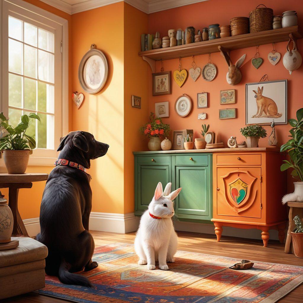 A heartwarming scene featuring a diverse group of pets - a playful dog, a curious cat, and a charming rabbit, all wearing colorful collars, surrounded by symbols of protection such as shields and hearts. The background is a cozy home environment with a family interacting joyfully with their pets. Bright and inviting colors enhance the overall warmth of the image. super-realistic. vibrant colors. warm lighting.
